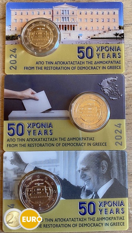 3 x 2 euros Grecia 2024 - Democracia BU FDC Coincard